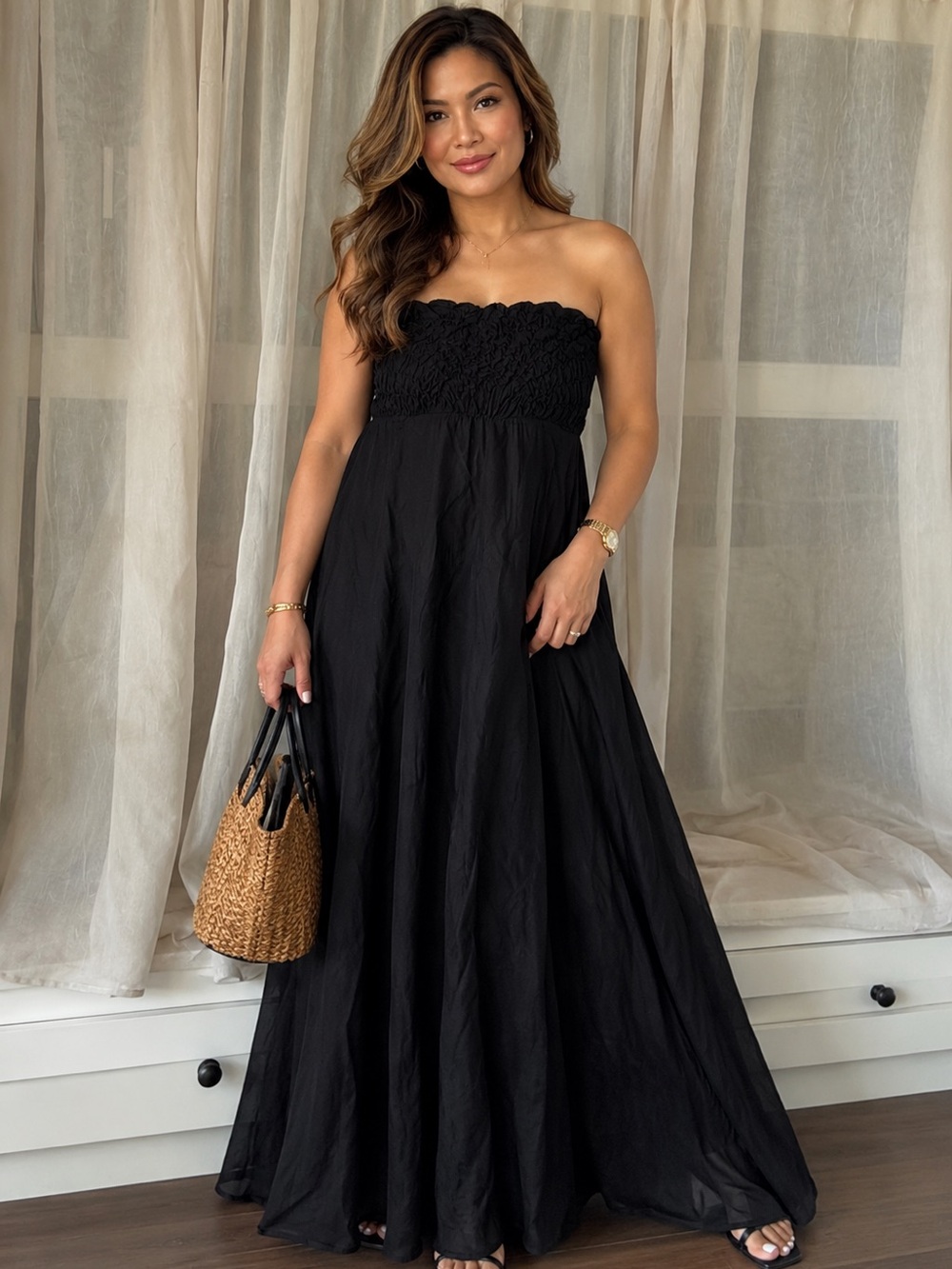 rag & bone Strapless Black Maxi Dress with Smocked Bodice